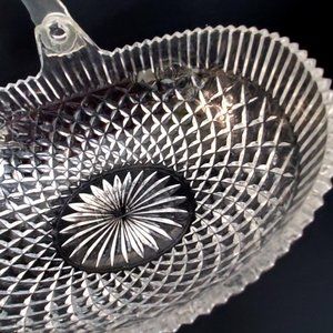 Vintage MIKASA Basket Cut Glass Acrylic Handle Zig Zag Edge Oval Candy Dish Oval